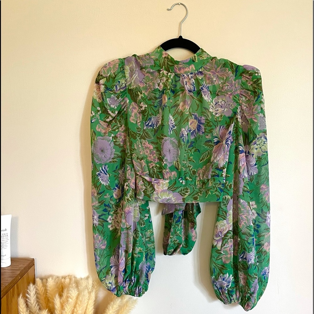 Olivaceous Vintage Green Floral Blouse-Open Back